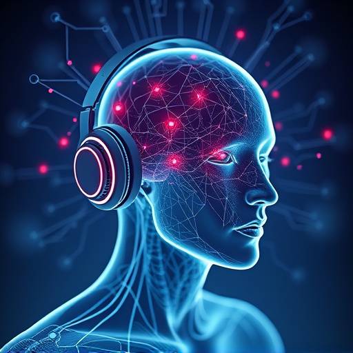 Ein smarter Kopfh&radic;&part;rter mit integriertem Neuro-Interface f&radic;&ordm;r Gedankensteuerung.