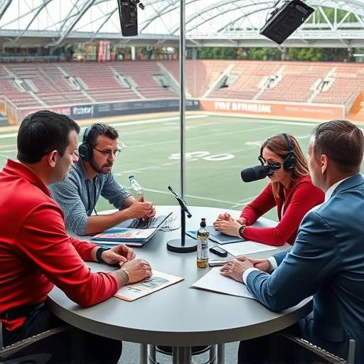 Ein Team von Sportjournalisten, das in einer Redaktionskonferenz &uuml;ber aktuelle Sportthemen diskutiert.