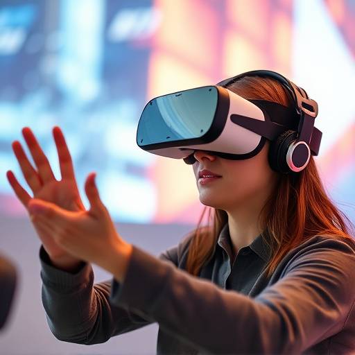 Eine Person tr&radic;&sect;gt eine VR-Brille und interagiert mit einer virtuellen Umgebung.