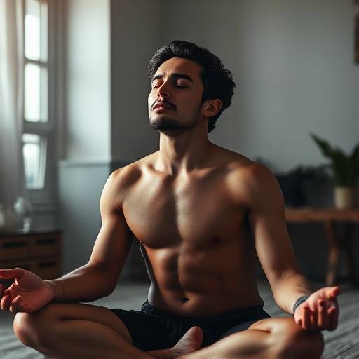 Eine Sportlerin sitzt in einem Meditationsraum, die Augen geschlossen, und konzentriert sich tief.