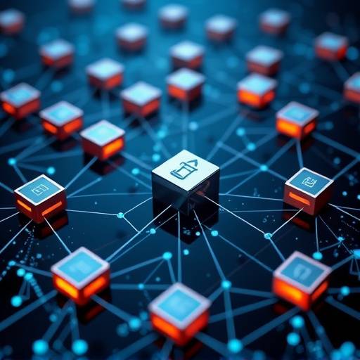 Eine visuelle Darstellung von Blockchain-Technologie mit verteilten Bl&radic;&part;cken.