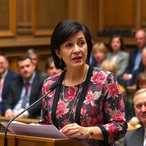 Frau diskutiert mit einer Gruppe von Menschen im Parlament