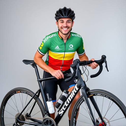 Lukas Schmidt, ein Radsportler, posiert mit seinem Rennrad und einem breiten L&auml;cheln.