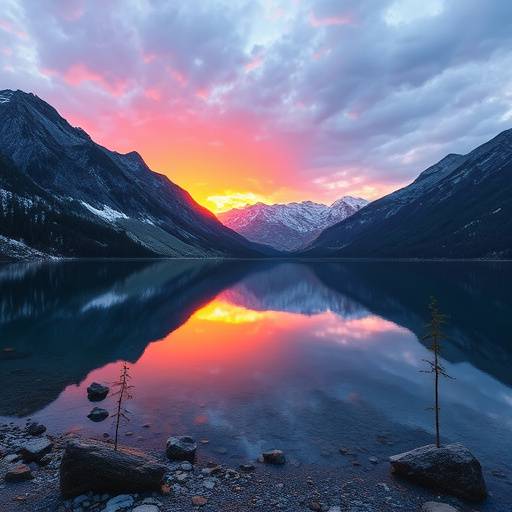 Malerische Alpenlandschaft mit einem Bergsee bei Sonnenaufgang