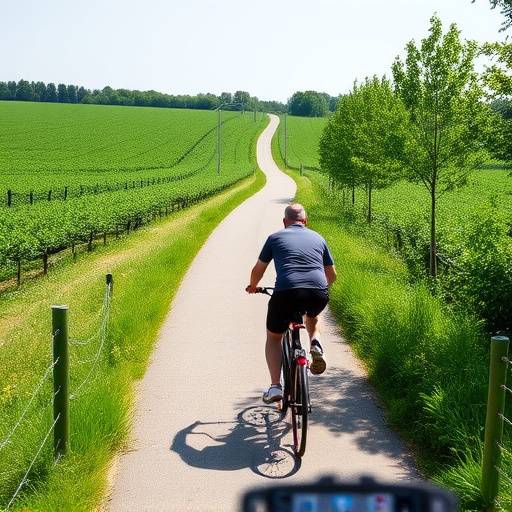Radfahrer auf einem gut ausgebauten Radweg durch eine gr&radic;&ordm;ne Landschaft