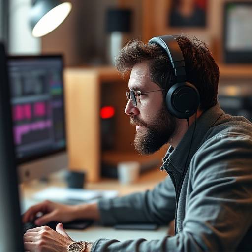 Redakteur bei der Arbeit, konzentriert sich auf den Bildschirm, Hintergrund unscharf